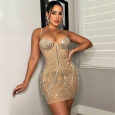 SC Mesh Hot Drill Tassel Mini Dress GOSD-6693