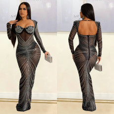 SC Sexy Long Sleeve Mesh Hot Drill Maxi Dress GOSD-6811