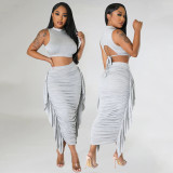 SC Solid Color Sleeveless Tassel Two Piece Skirts Set GOSD-6901