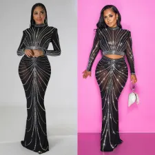 SC Long Sleeve Mesh Hot Drill Two Piece Skirt Set GOSD-6820