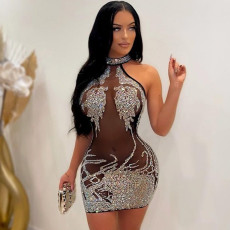 SC Mesh Hot Drill See Thourgh Nightclub Bodycon Dress GOSD-6681