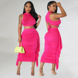 SC Solid Color Sleeveless Tassel Two Piece Skirts Set GOSD-6901
