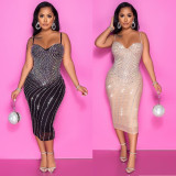 SC Mesh Hot Drill Sexy Sling Midi Dress GOSD-6648