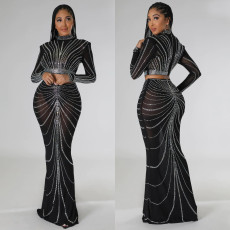 SC Long Sleeve Mesh Hot Drill Two Piece Skirt Set GOSD-6820