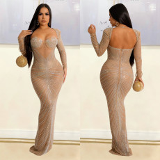 SC Sexy Long Sleeve Mesh Hot Drill Maxi Dress GOSD-6811
