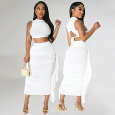 SC Solid Color Sleeveless Tassel Two Piece Skirts Set GOSD-6901