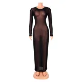 SC See Through Mesh Long Sleeve Maxi Dress GOSD-6171