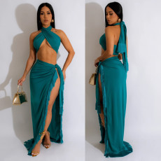 SC Sexy Wrap Chest Tie Up Tassel Skirt Suit GOSD-6997
