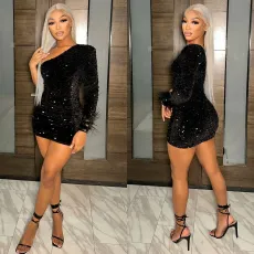 SC Single Shoulder Feather Sleeve Mini Dress GOSD-6935