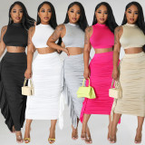 SC Solid Color Sleeveless Tassel Two Piece Skirts Set GOSD-6901