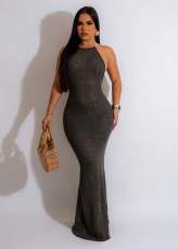 SC Solid Color Backless Knits Halterneck Beach Dress GKLE-0420