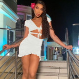 SC Deep V Neck Tie Up Ruffles Two Piece Skirts Set YMYF-0876
