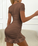 SC Deep V Neck Tie Up Ruffles Two Piece Skirts Set YMYF-0876