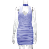SC Solid Color V Neck Halterneck Pleated Mini Dress YMYF-9232