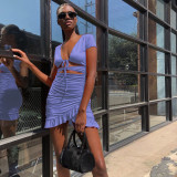 SC Deep V Neck Tie Up Ruffles Two Piece Skirts Set YMYF-0876