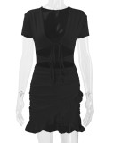 SC Deep V Neck Tie Up Ruffles Two Piece Skirts Set YMYF-0876
