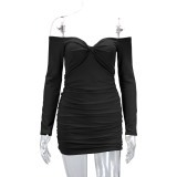 SC One Shoulder Long Sleeve Pleated Mini Dress YMYF-9213