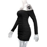 SC One Shoulder Long Sleeve Pleated Mini Dress YMYF-9236