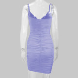 SC Solid Color Pleated Sling Mini Dress YMYF-8215