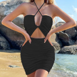 SC Solid Color Cross Tie Up Sexy Mini Dress YMYF-9248