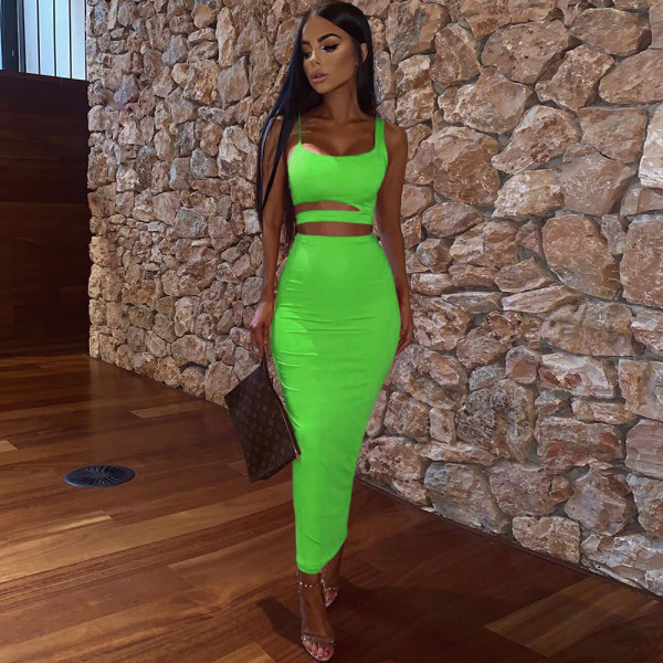 SC Solid Color Pleated Hollow Two Piece Skirts Set YMYF-0898