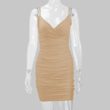 SC Solid Color Pleated Sling Mini Dress YMYF-8215