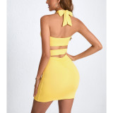 SC Hollow Out Solid Color Halterneck Mini Dress YMYF-9320