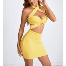 SC Hollow Out Solid Color Halterneck Mini Dress YMYF-9320