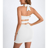 SC Hollow Out Solid Color Halterneck Mini Dress YMYF-9320