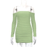 SC One Shoulder Long Sleeve Pleated Mini Dress YMYF-9236