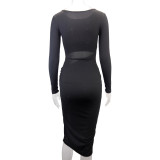 SC Long Sleeve Hollow Out Split Midi Dress YMYF-9301