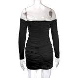 SC One Shoulder Long Sleeve Pleated Mini Dress YMYF-9236