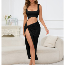 SC Solid Color Hollow Out Split Maxi Dress YMYF-9316