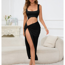 SC Solid Color Hollow Out Split Maxi Dress YMYF-9316