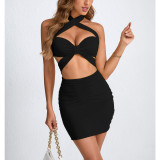 SC Hollow Out Solid Color Halterneck Mini Dress YMYF-9320