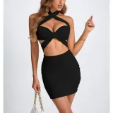 SC Hollow Out Solid Color Halterneck Mini Dress YMYF-9320