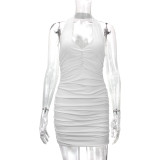 SC Solid Color V Neck Halterneck Pleated Mini Dress YMYF-9232