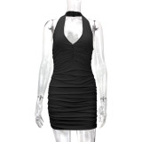 SC Solid Color V Neck Halterneck Pleated Mini Dress YMYF-9232