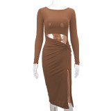 SC Long Sleeve Hollow Out Split Midi Dress YMYF-9301