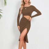 SC Long Sleeve Hollow Out Split Midi Dress YMYF-9301