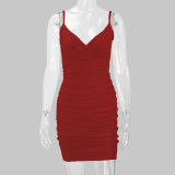 SC Solid Color Pleated Sling Mini Dress YMYF-8215