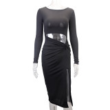 SC Long Sleeve Hollow Out Split Midi Dress YMYF-9301