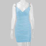 SC Solid Color Pleated Sling Mini Dress YMYF-8215