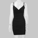 SC Solid Color Pleated Sling Mini Dress YMYF-8215