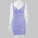 SC Solid Color Pleated Sling Mini Dress YMYF-8215