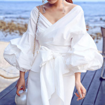 SC Sexy Tie Up Bubble Sleeve V-Neck Blouse GCZF-8620