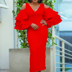 SC Plus Size V Neck Flare Sleeve Long Dress GCZF-8455