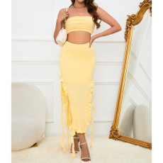 SC One Shoudler Wrap Chest Two Piece Skirt Set YMYF-9306
