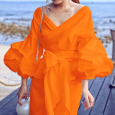 SC Sexy Tie Up Bubble Sleeve V-Neck Blouse GCZF-8620