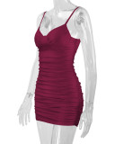 SC Sexy Solid Color Pleated Sling Mini Dress YMYF-8218